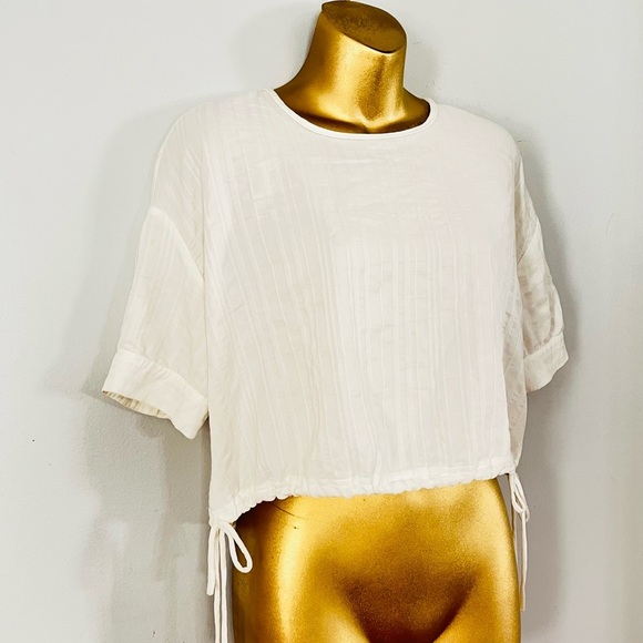 Zara White Textured Crop Top Size Small | Minimal Chic Drawstring Hem Blouse - Picture 3 of 5
